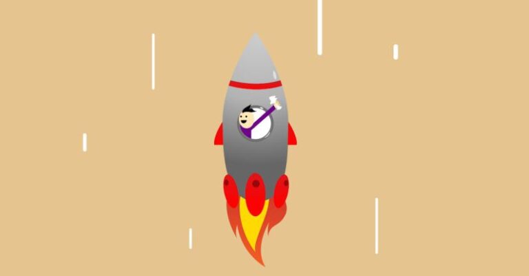 Goal Progress - Vector illustration of cheerful man in flying rocket