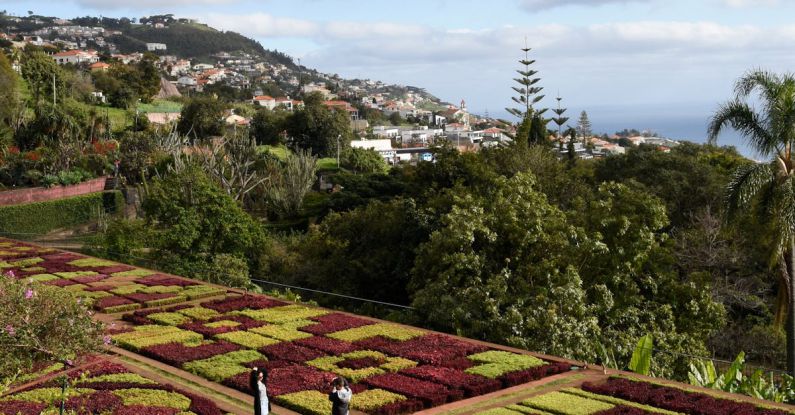 Note-Taking - A man and woman walk through a garden with a view of the ocean